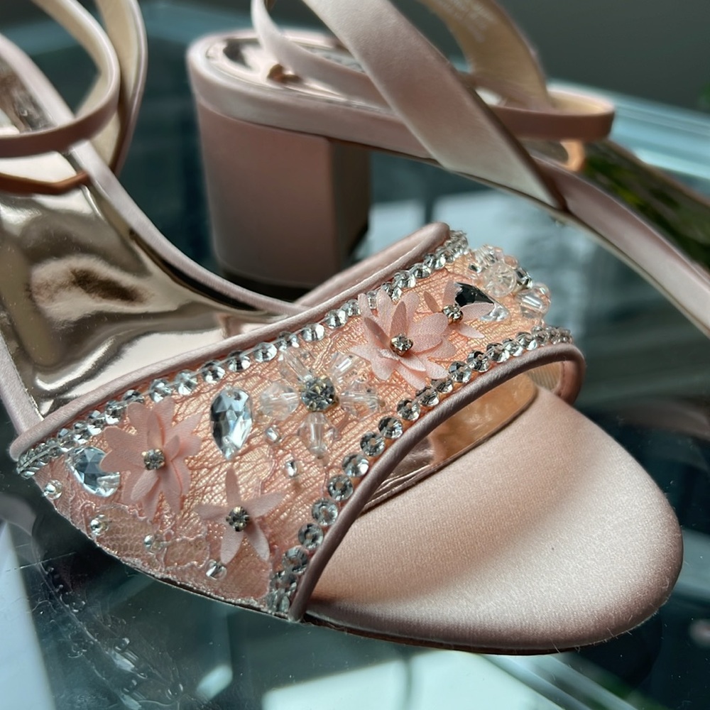Badgley Mischka Pink Satin Floral Crystal Block Heel Sandals - Picture 8 of 13